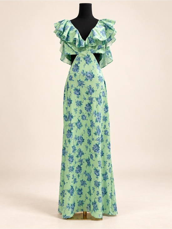 ASOS Dresses & Skirts - ASOS Green Maxi Dress with Blue Floral Print and Ruffle V-Neck